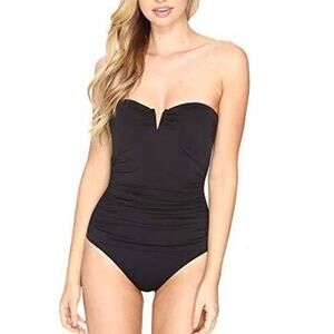 Tommy Bahama Womens Black Pearl V-Front Bandeau 1-Piece‎ Swimsuit Size 6 NEW